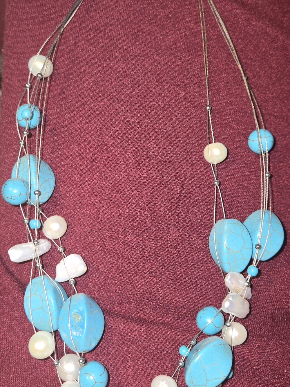 Turquoise and White Multi-Strand Bead Necklace - Womens Fashion Jewelry
